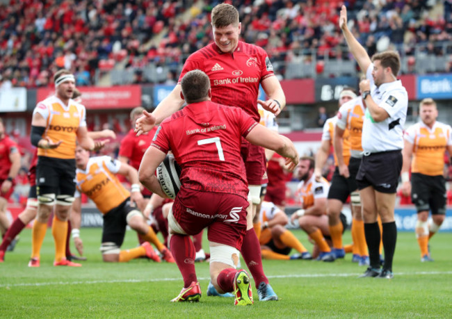 Tommy O&rsquo;Donnell celebrates scoring a try with Jack O'Donoghue