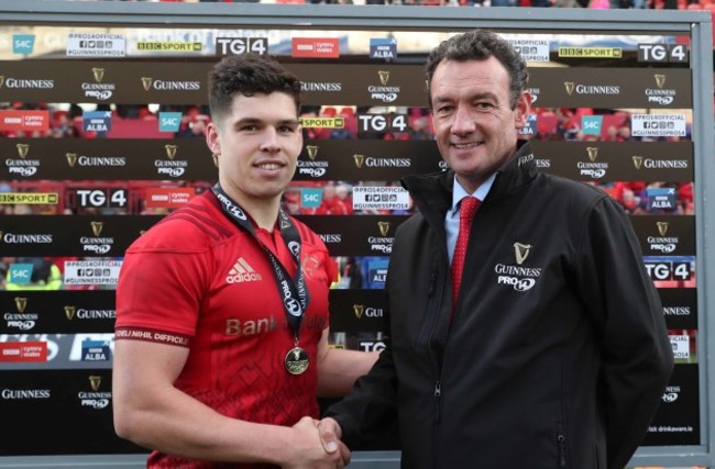 Alex Wootton receives the Guinness PRO14 Man of the Match award from Brendan Ryan