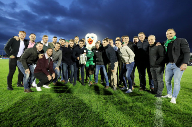 The Galway hurling panel with Connacht mascot Eddie The Eagle and the Liam McCarthy Cup