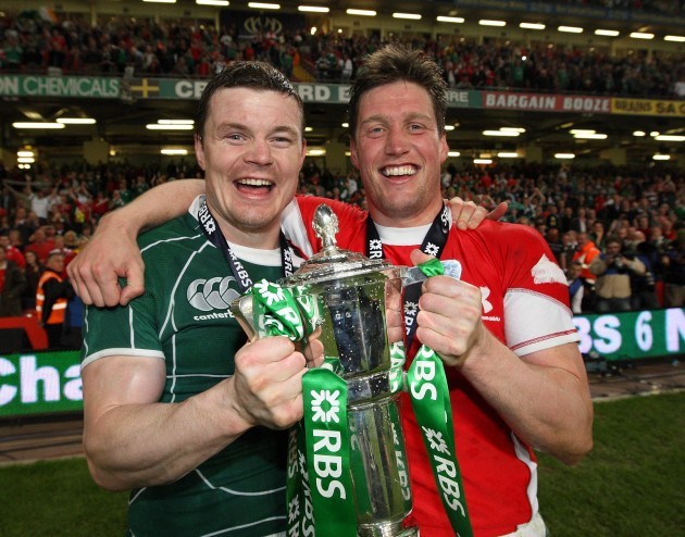Brian O'Driscoll and Ronan O'Gara celebrate with the Six Nations Trophy