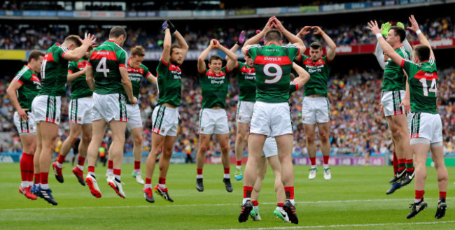 The Mayo team warm up for the National Anthem