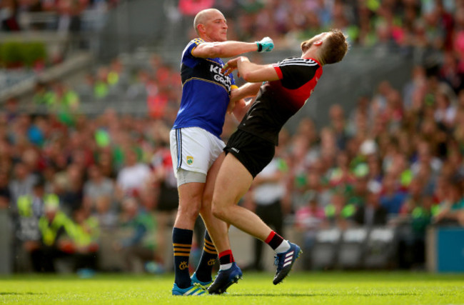 Kieran Donaghy clashes with Aidan O’Shea which resulted in a red card