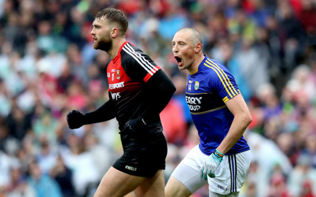 Kieran Donaghy celebrates his side's goal beside Aidan O'Shea