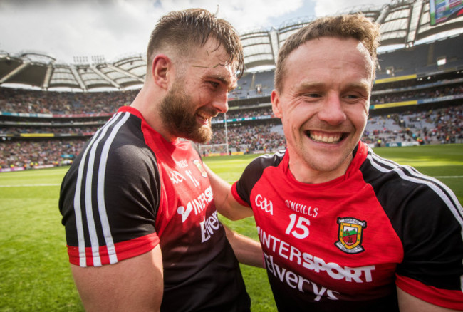 Aidan O’Shea and Andy Moran celebrate after the game