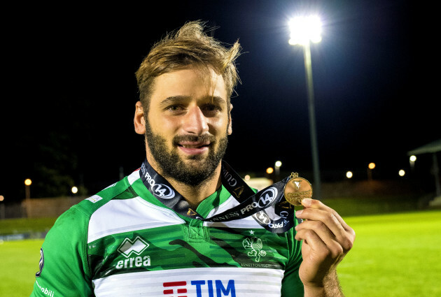 Angelo Esposito is presented with the Guinness PRO14 man of the match award