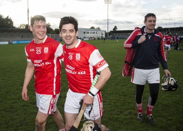 Colum Sheanon and Con O'Callaghan celebrate at the final whistle