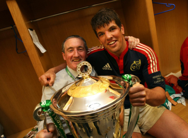 Pat Geraghty and Donncha O'Callaghan in the changing room with the Heineken Cup Trophy