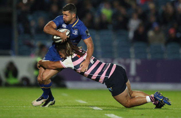 Leinster’s Rob Kearney is tackled by Cardiff Blues Josh Navidi