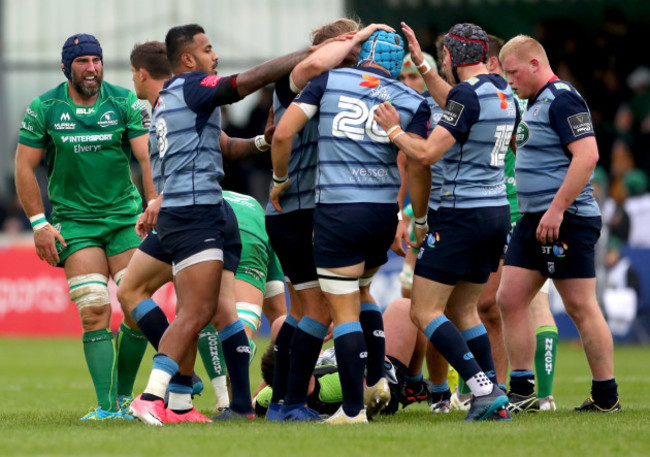 Olly Robinson celebrates with his team after winning a penalty