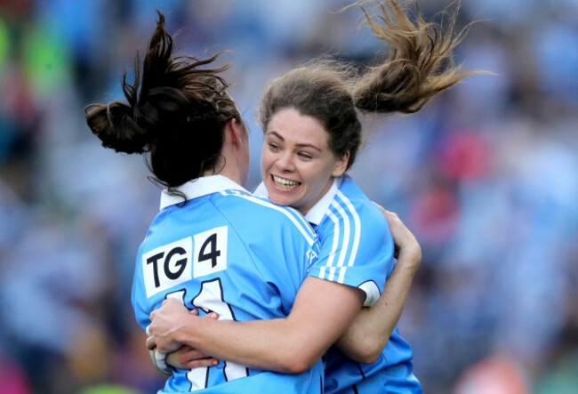 Noelle Healy and Lydsey Davey celebrate at the final whistle
