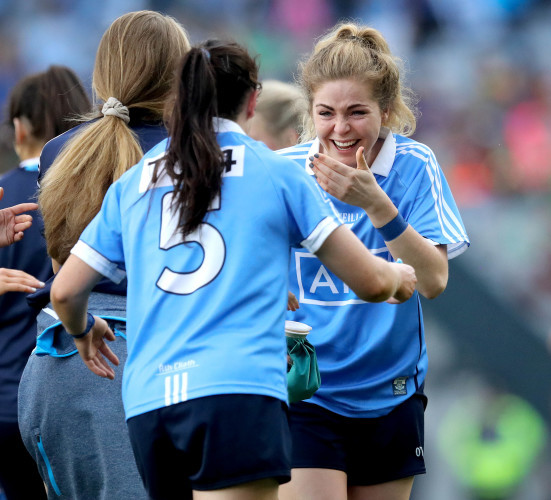Sinead Finnegan and Sinead Goldrick celebrate at the final whistle