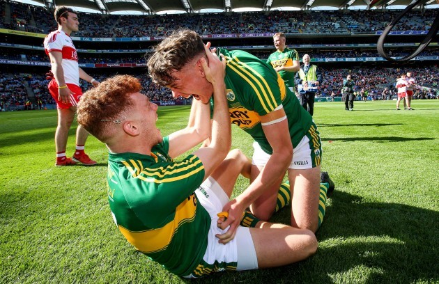 Niall Donohue and David Clifford celebrate after the game