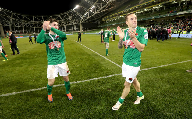 Sean Maguire and Karl Sheppard celebrate after the game