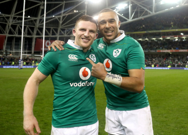 Andrew Conway and Simon Zebo celebrate winning