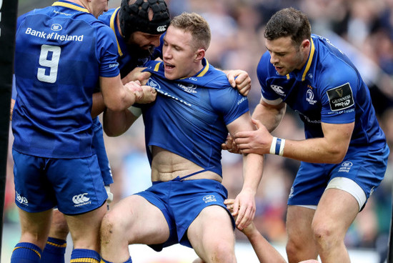 Rory O’Loughlin celebrates scoring his sides opening try with Luke McGrath, Scott Fardy and Robbie Henshaw