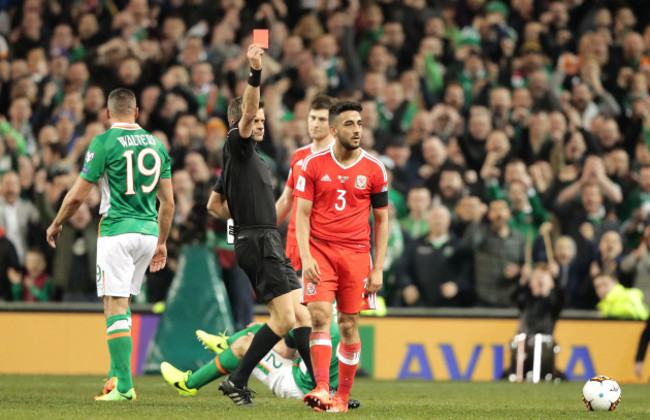Neil Taylor gets a red card for his tackle on Seamus Coleman