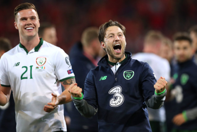 Harry Arter celebrates after the game