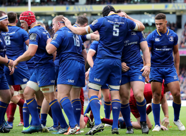 Scott Fardy celebrates defending a scrum with Sean Cronin and Cian Healy