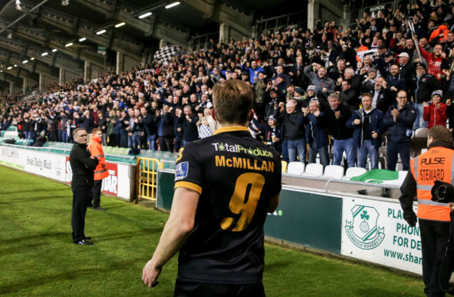 David McMillan celebrates scoring a goal with the Dundalk fans