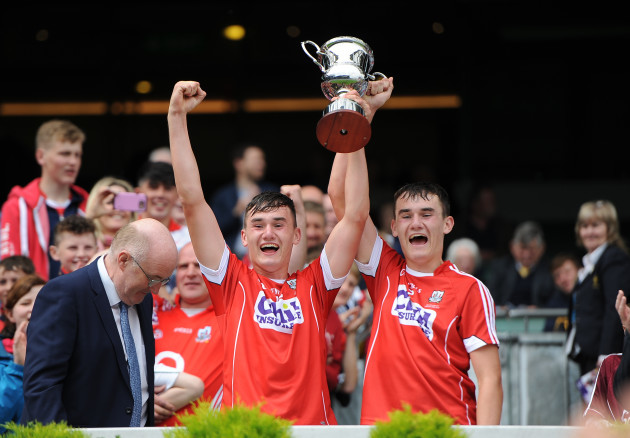 Brian Roche and his twin brother Eoin lift the cup