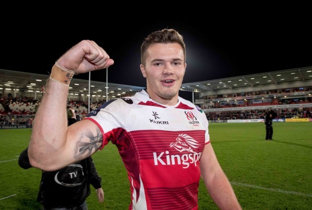 Jacob Stockdale celebrates after the game