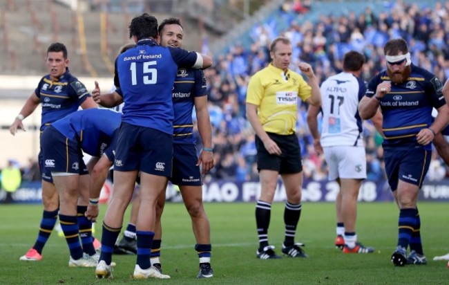 Jamison Gibson-Park and Joey Carbery celebrate at the full time whistle