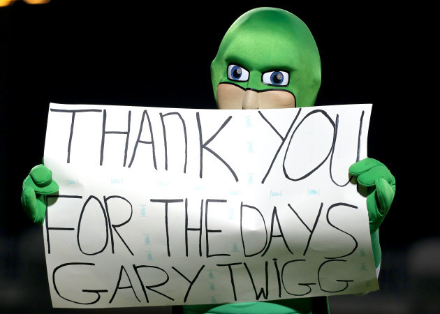 Rovers' mascot Hooperman with a message for Gary Twigg