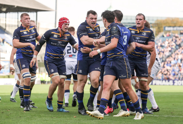 Leinster players celebrate winning a late penalty