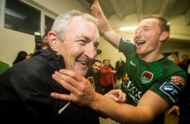 John Caulfield celebrates in the dressing room after the game