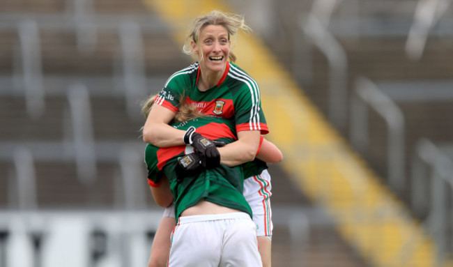 Cora Staunton celebrates with Fiona McHale at the end of the game