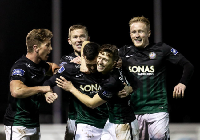 Aaron Greene celebrates scoring their first goal with teammates