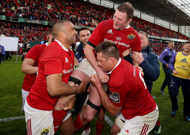 Simon Zebo celebrates after the game with Donnacha Ryan and CJ Stander