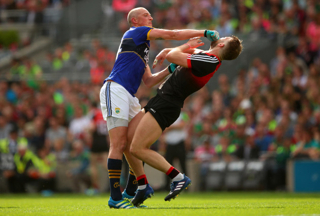 Kieran Donaghy clashes with Aidan O’Shea which resulted in a red card