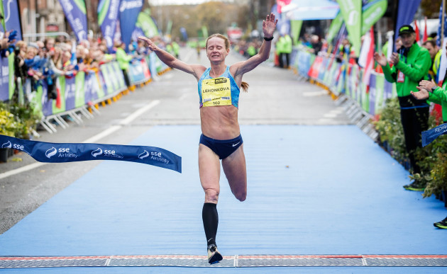 Nataliya Lehonkova crosses the line to win the women's category during the SSE Airtricity Dublin Marathon