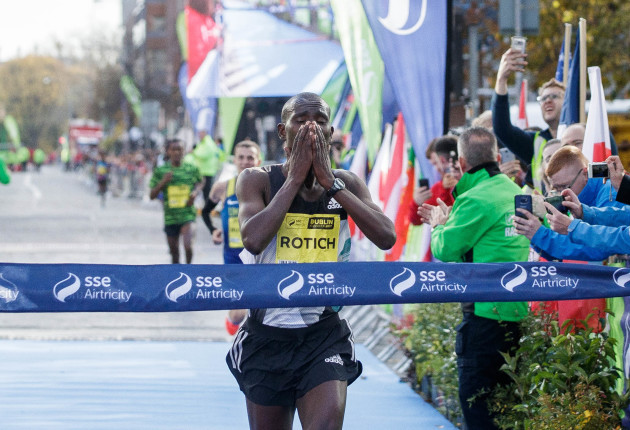 Benard Rotich crosses the line to win the SSE Airtricity Dublin Marathon