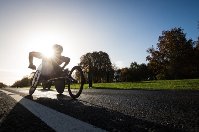 Winner of the wheelchair title Patrick Monahan passes through the Phoenix Park