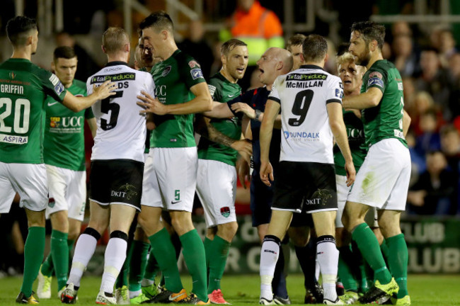 Cork City and Dundalk players scuffle