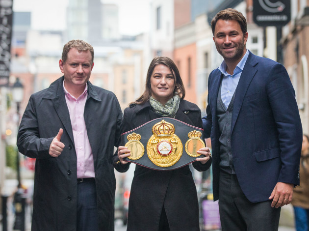 Katie Taylor pictured with her WBA Lightweight Belt  alongside Brian Peters and Eddie Hern