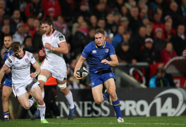 Leinster&rsquo;s Jordan Larmour runs in to score a try from Ulster&rsquo;s Aaron Cairns