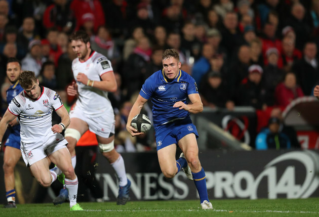 Leinster’s Jordan Larmour runs in to score a try from Ulster’s Aaron Cairns