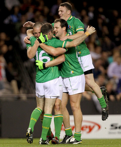 Kieran Donaghy, Michael Murphy and Leighton Glynn celebrates with goalscorer Steven McDonnell