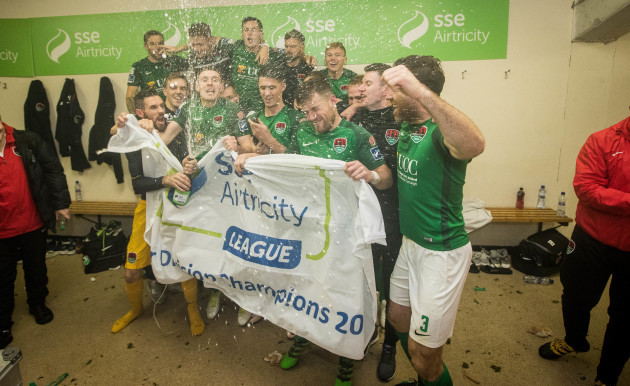 Cork celebrate in the dressing room after winning The SSE Airtricity League