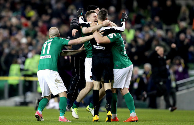 Mark McNulty, Achille Campion, Stephen Dooley and Garry Buckley celebrate the winning penalty