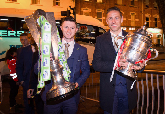Alan Bennett and John Dunleavy with The Irish Daily Mail FAI Cup and SSE Airtricity League Trophy