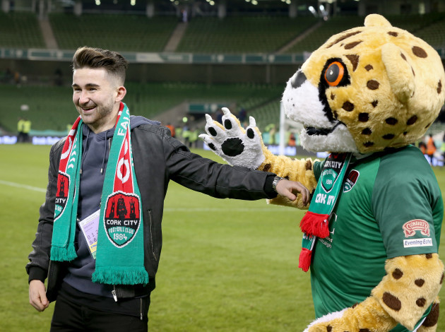 Sean Maguire with Corky the Cheetah after the game