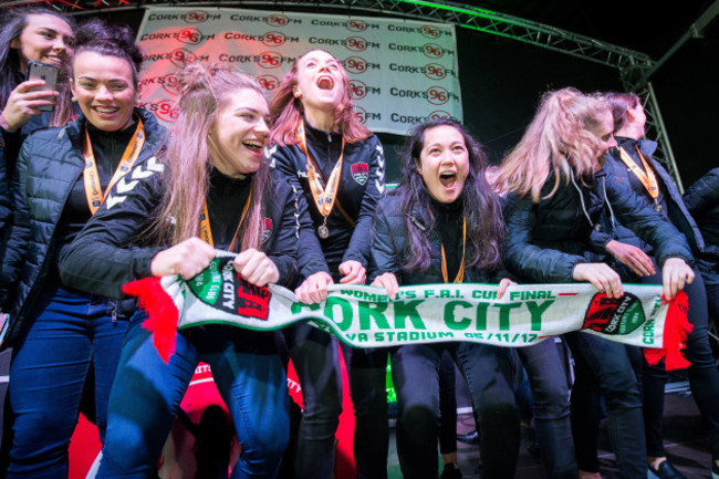 The Cork City FC WFC celebrate on stage