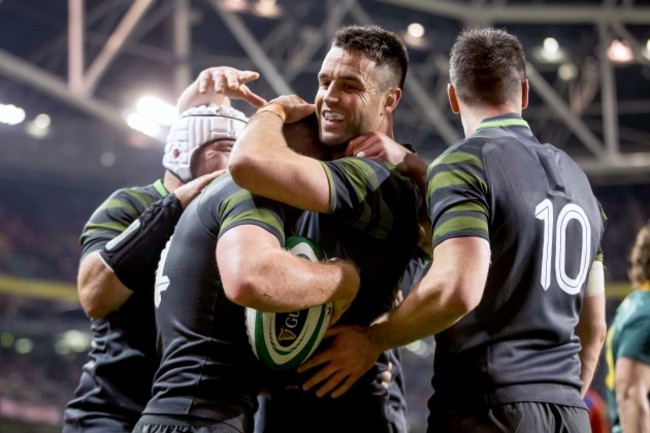 Conor Murray congratulates try scorer Andrew Conway