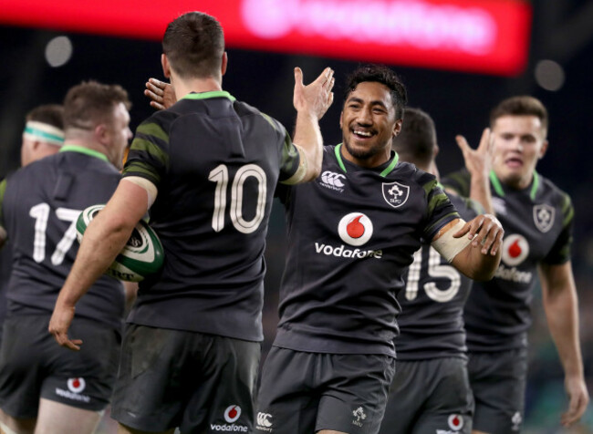 Bundee Aki celebrates with Johnny Sexton