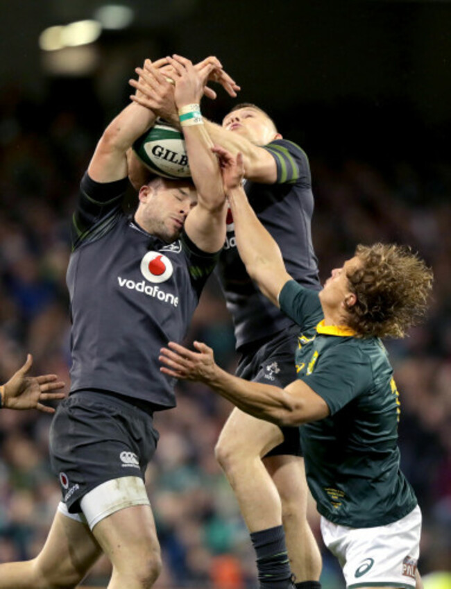 Robbie Henshaw and Andrew Conway with Andries Coetzee