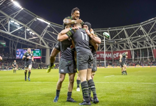 Sean O&rsquo;Brien, Bundee Aki and Kieran Marmion congratulate try scorer Jacob Stockdale